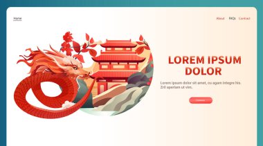 Çince ejderha ikonu burcunun yeni yılı tebrik kartı için Asya broşürü davetiyesi poster yatay fotokopi uzay çizimi