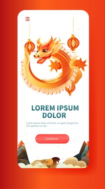 Çin 'de ejderha ikonu burcunun yeni yılı tebrik kartı için Asya broşürü davetiyesi poster dikey fotokopi uzay çizimi