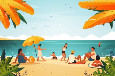Turist grubu tropikal plaj insanlarında dinleniyor yaz tatilinin tadını çıkarıyor deniz manzarası konsepti arka planda yatay illüstrasyon
