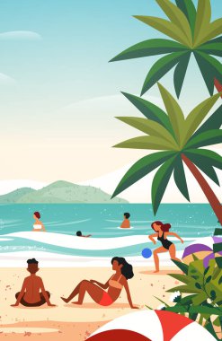 karışık yarış turistleri tropikal plajda dinleniyor yaz tatilinin tadını çıkarıyor deniz manzarası konsepti dikey vektör çizimi