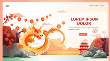 Çince ejderha ikonu burcunun yeni yılı tebrik kartı için Asya broşürü davetiyesi poster yatay fotokopi uzay çizimi