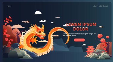 Çince ejderha ikonu burcunun yeni yılı tebrik kartı için Asya broşürü davetiyesi poster yatay fotokopi uzay çizimi