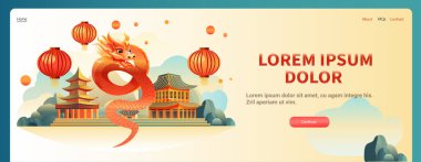 Çince ejderha ikonu burcunun yeni yılı tebrik kartı için Asya broşürü davetiyesi poster yatay fotokopi uzay çizimi