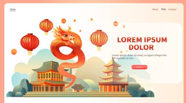 Çince ejderha ikonu burcunun yeni yılı tebrik kartı için Asya broşürü davetiyesi poster yatay fotokopi uzay çizimi