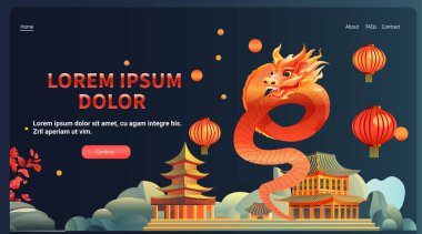 Çince ejderha ikonu burcunun yeni yılı tebrik kartı için Asya broşürü davetiyesi poster yatay fotokopi uzay çizimi