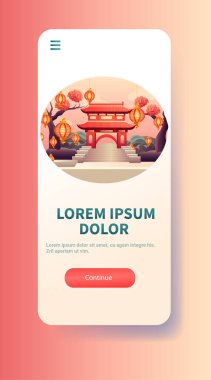 Çin geleneksel bina simgesi tebrik kartı Asyalı broşürü için yeni yıl tabelası poster dikey vektör ilüstrasyonu