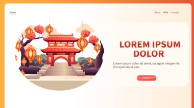 Çin geleneksel bina simgesi tebrik kartı Asyalı broşürü için yeni yıl tabelası poster yatay fotokopi alanı çizimi