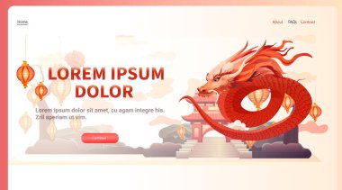 Çince ejderha ikonu burcunun yeni yılı tebrik kartı için Asya broşürü davetiyesi poster yatay fotokopi uzay çizimi