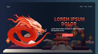 Çince ejderha ikonu burcunun yeni yılı tebrik kartı için Asya broşürü davetiyesi poster yatay fotokopi uzay çizimi