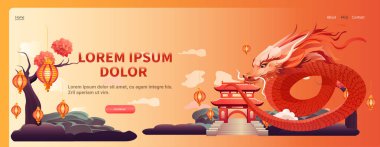 Çince ejderha ikonu burcunun yeni yılı tebrik kartı için Asya broşürü davetiyesi poster yatay fotokopi uzay çizimi