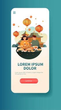 Asyalı çift Çin yemeği yiyor. Ejderha kutlaması konsepti. Dikey fotokopi uzay vektör çizimi.