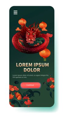 Çin 'de ejderha ikonu burcunun yeni yılı tebrik kartı için Asya broşürü davetiyesi poster dikey fotokopi uzay çizimi