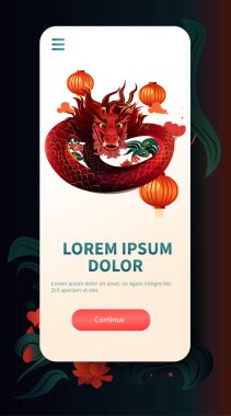 Çin 'de ejderha ikonu burcunun yeni yılı tebrik kartı için Asya broşürü davetiyesi poster dikey fotokopi uzay çizimi