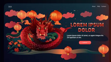 Çince ejderha ikonu burcunun yeni yılı tebrik kartı için Asya broşürü davetiyesi poster yatay fotokopi uzay çizimi