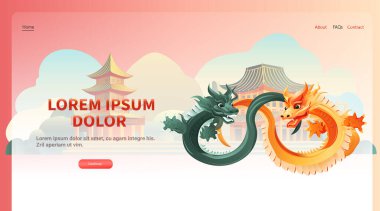 Çince ejderha ikonu burcunun yeni yılı tebrik kartı için Asya broşürü davetiyesi poster yatay fotokopi uzay çizimi