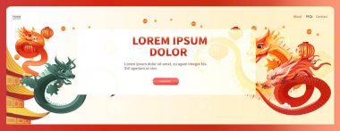 Çince ejderha ikonu burcunun yeni yılı tebrik kartı için Asya broşürü davetiyesi poster yatay fotokopi uzay çizimi