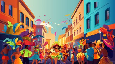 Brezilyalı samba dansçıları festival kostümü giyip eski şehir karnaval parti konseptinde dans ediyorlar.