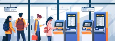 Kişisel hizmet dijital terminal demiryolu taşımacılığı konseptinde elektronik tren biletleri alan yolcular yatay vektör çizimi