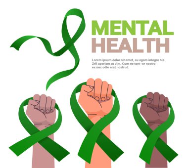 Dünya Ruh Sağlığı Günü Farkındalık Ayı Yeşil kurdele kopyalama alanı illüstrasyonlu insan elleri