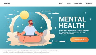 Bunalımda olan adam, Lotus 'ta oturan üzgün adam, psikolojik hastalıklardan muzdarip, zihinsel sağlık farkındalığı, ay konsepti, yatay fotokopi alanı illüstrasyonu,