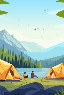 Nehir kıyısında kamp yapan kampçılarla birlikte kamp yapan turistler yaz mevsiminde kamp alanında dinleniyorlar.