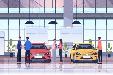 Turistler kiralık insanlar için otomobil seçiyor araba paylaşımı konsepti eğlence tatili konsepti yatay vektör ilülasyonu için araba kiralıyor