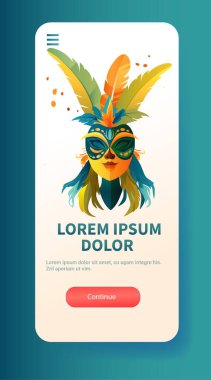 Renkli maske ikonu Brezilya festivali bayram kutlaması. Brezilya 'nın şenlikli ruh hali dikey fotokopi alanı vektöründe davetiye kültürü ve geleneksel karnaval partisi kavramı.