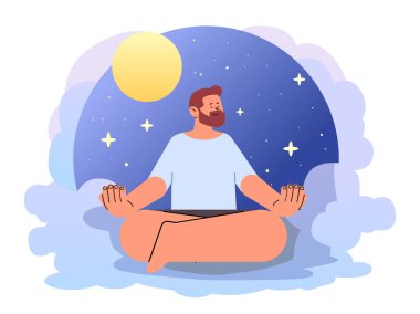 Bunalımda olan adam, Lotus 'ta oturan üzgün adam psikolojik hastalıklardan muzdarip zihinsel sağlık farkındalığı ay konsepti yatay vektör ilülasyonu