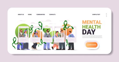 Sosyal medyadaki insanlar yeşil kurdeleli fotoğraf çerçeveleriyle dünya ruhsal sağlık günü farkındalığını, yatay fotokopi alanı illüstrasyonunu kutluyorlar