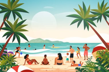 Turist grubu tropikal plaj insanlarında dinleniyor yaz tatilinin tadını çıkarıyor deniz manzarası konsepti arka planda yatay illüstrasyon