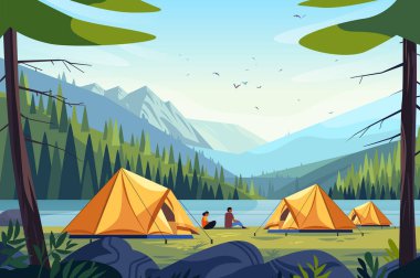 Nehir kıyısında kamp yapan kampçılarla birlikte kamp yapan turistler yaz mevsiminde kamp alanında dinleniyorlar.