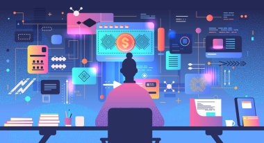Finans bankacılık işlemlerini analiz eden iş kadını sermaye dönüşüm teknolojisi fintech iş yatırım alışveriş para küresel ödeme konsepti yatay vektör ilülasyonu