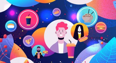 Sanal konferans sırasında tartışan ırk insanları çevrimiçi yemek siparişini çevrimiçi yatay vektör illüstrasyonundan uzaklaştır