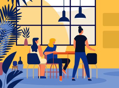 Modern ofis veya cafe yatay vektör illüstrasyonunda toplantının ortasında dizüstü bilgisayar kullanan yaratıcı iş kadınları iş ortaklığı merkezinde çalışıyor.