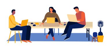 Yatay vektör illüstrasyonları sırasında dizüstü bilgisayarlar kullanarak yaratıcı ortak çalışma merkezlerinde çalışan iş adamları