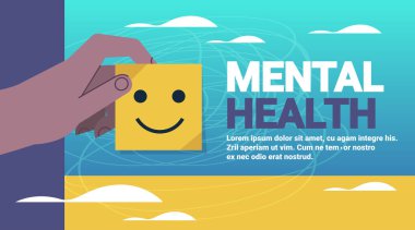 İnsan eli etiketi mutlu gülümseme duyguları zihinsel sağlık farkındalığı ayı afişi yatay vektör illüstrasyonunu kopyala