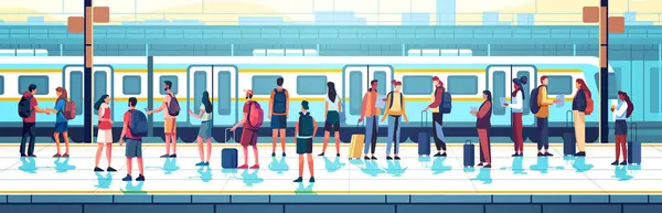 Passagiere Mit Gepäck Stehen Auf Bahnhöfen Menschen Warten Auf Bahnsteigen Stockvektor
