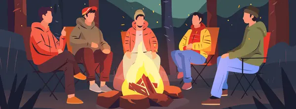 Wanderer Sitzen Lagerfeuer Wandercampingkonzept Menschen Verbringen Zeit Der Nacht Sommerlager lizenzfreie Stockvektoren