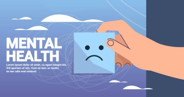 İnsan eli etiketi hüzünlü duygularla zihinsel sağlık farkındalığı ayı ayı afişi uzay yatay vektör illüstrasyonu