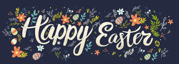 Tarjeta Felicitación Pascua Feliz Con Huevos Colores Flores Tarjeta Celebración — Vector de stock