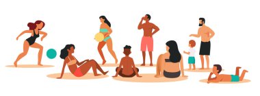 Mayo giymiş yarış turistlerini karıştırın. Plajda dinlenen insanlar yaz tatilinin tadını çıkararak konsept yatay vektör illüstrasyonunda seyahat ediyorlar.