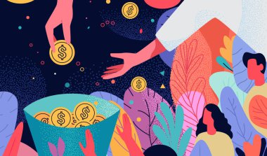 Para tutan insan elleri madeni bankacılık servet dönüşüm teknolojisi fintech iş yatırım alışveriş para küresel ödeme konsepti yatay vektör çizim