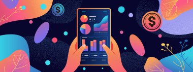 Tablet ekrandaki grafikleri analiz eden insan elleri sermaye dönüşüm teknolojisi fintech iş yatırımları alışveriş parası küresel ödeme konsepti yatay vektör ilülasyonu