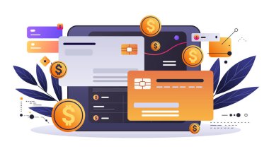 Çevrimiçi bankacılık akıllı cüzdan ödeme uygulama fintech iş yatırım kavramı yatay vektör illüstrasyon