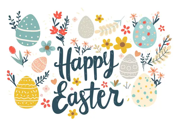 Feliz Pascua Tarjeta Felicitación Con Coloridos Huevos Flores Primavera Celebración — Vector de stock