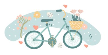 Mutlu Paskalya tebrik kartı bisikletleri Pastel renkte çiçeklerle bahar bayramı kutlaması kartı yatay vektör çizimi