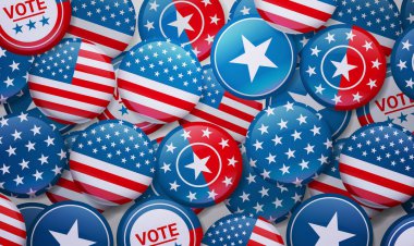 ABD başkanlık seçim konsepti yatay illüstrasyonunun parlak yuvarlak düğmesinde Amerika Birleşik Devletleri bayrağı