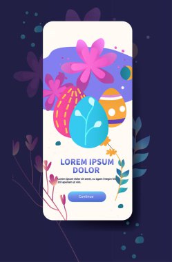 Mutlu Paskalya tebrik kartı yumurtaları ve çiçekler bahar tatili kutlama kartı dikey fotokopi alanı çizimi