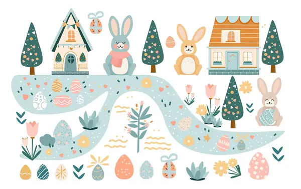 Happy Easter Greeting Card Rabbits Eggs Pastel Colors Spring Holiday — Stock Vector