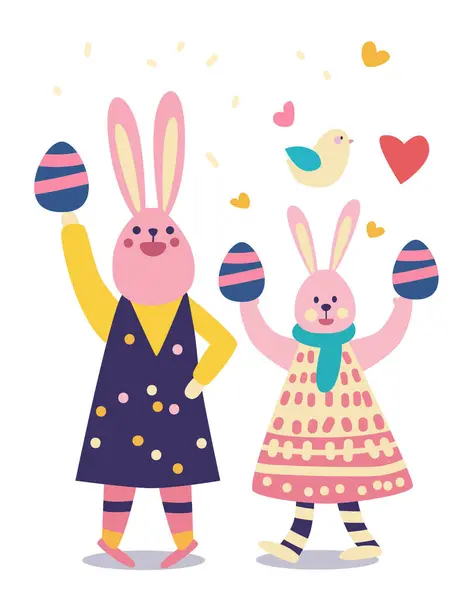 Happy Easter Greeting Card Rabbits Eggs Spring Holiday Celebration Card — Stock Vector